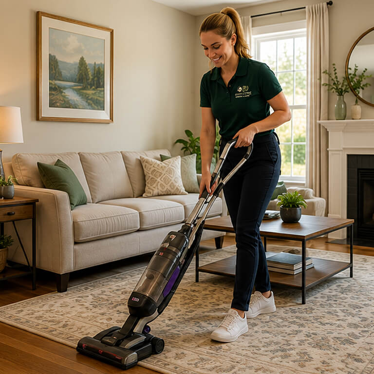Poppy & Pine cleaning technician vacuuming a living room